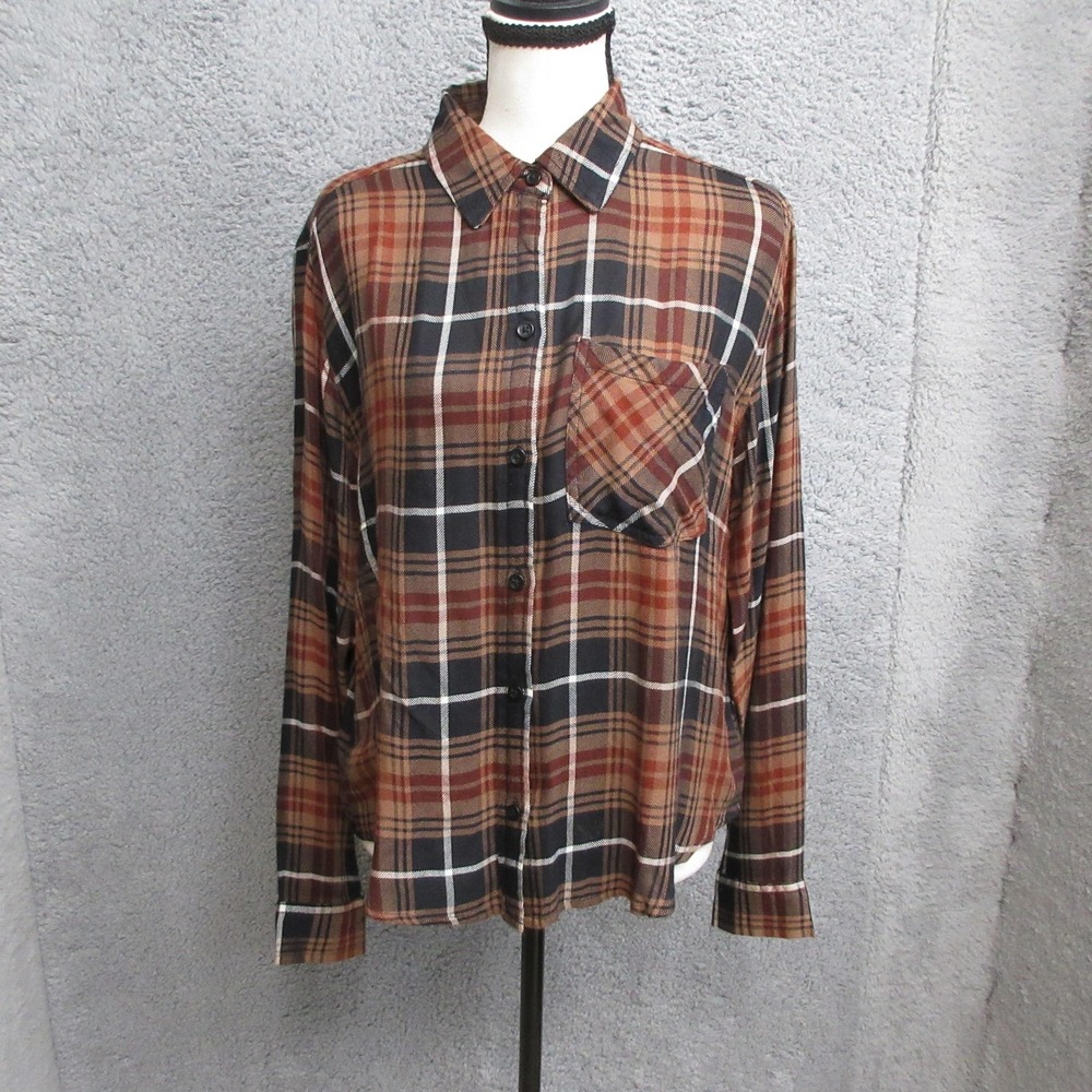 Beachlunchlounge Plaid Shirt Women M‎ Brown Black Cabincore Rustic Fall Layering